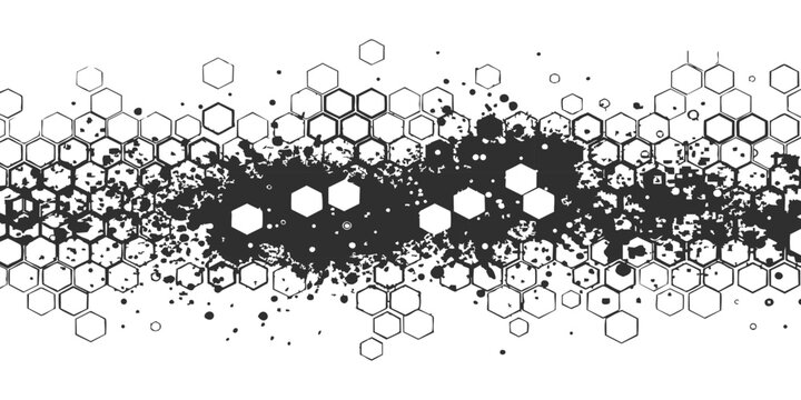Abstract monochrome geometric background with chaotic hexagon shapes and heavy grunge ink splatters