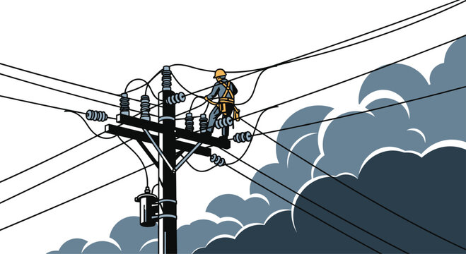 A lineman in a yellow hard hat works on a power pole with insulators and a transformer under a cloudy sky.