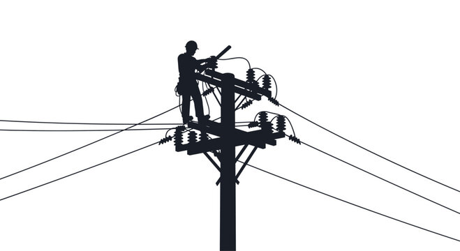A lineman in a hard hat works on wires and insulators atop a tall utility pole against a pure white background.