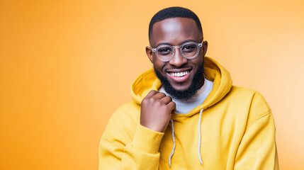 Fototapeta premium Young black man smiling while wearing glasses and yellow hoodie against vibrant orange background