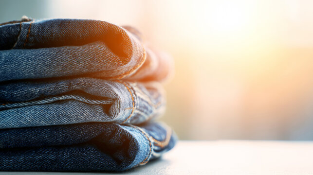 Stack of folded denim jeans presenting casual apparel and textile texture with warm natural light