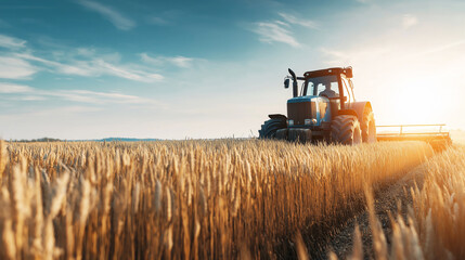 Fototapeta premium Agricultural tractor driving through a golden wheat field during sunset, representing themes of harvest, farming, and food production