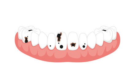 Obraz premium An upper human jaw with white teeth and visible black and brown cavities is depicted on a white background.