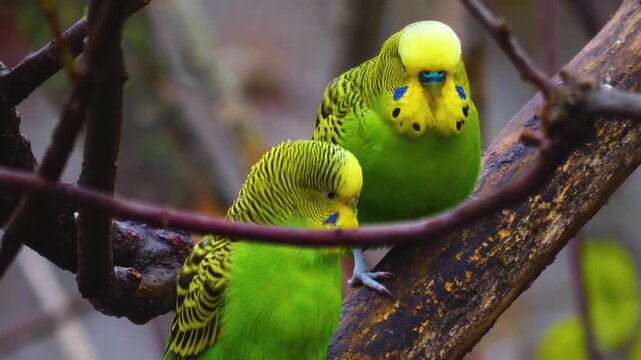 Close up of two green parakeet, budgie birds sitting on a tree branch and interacting on a sunny spring day.