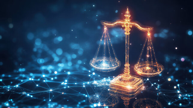 A glowing digital scale of justice in a futuristic networked environment