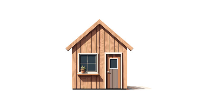 A charming simple wooden shed with a gabled roof and a single window with a potted plant stands centrally on a white background.