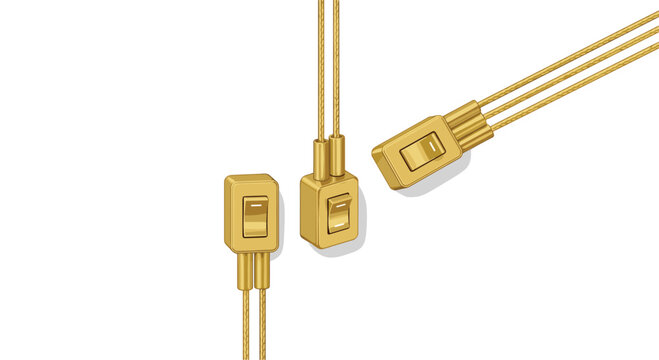 Three golden toggle switches with visible wires are arranged dynamically against a clean white background.