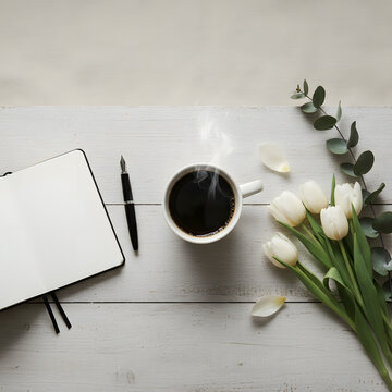 Fresh spring flat lay with flowers and coffee, aesthetic lifestyle
