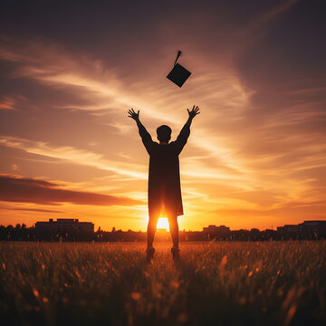 Graduate throwing cap in the air at sunset
