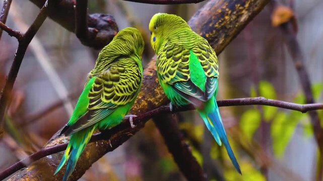 Close up of two green parakeet, budgie birds sitting on a tree branch and interacting on a sunny spring day.