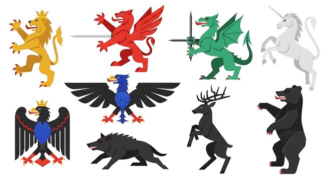 A collection of nine mythical and animal vector graphic illustrations in various colors