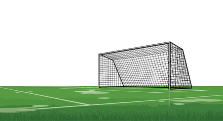 Fototapeta premium A black-outlined soccer goal with a white net stands on a green field with white markings and reflective puddles.