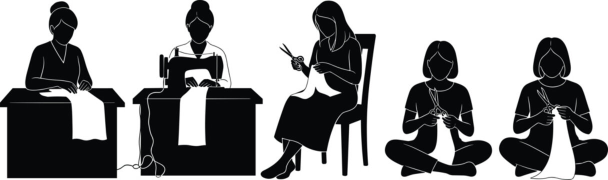 Textile production icons, sewing silhouette, cutting fabric, garment making, manual craftsmanship, sewing machine, tailoring process, fashion design, artisan work, vector illustration
