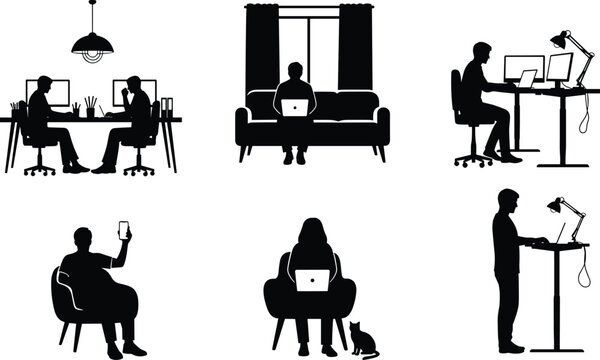Work from home icons, office setup, laptop silhouette, remote lifestyle, digital workspace, teamwork, productivity, cat companion, smartphone, standing desk, vector illustration