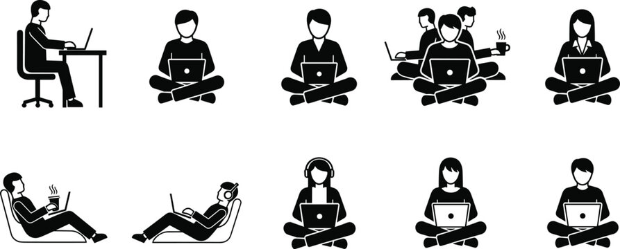 Laptop silhouette icons, working, studying, remote learning, digital lifestyle, online education, freelancing, modern technology, coffee break, headphones, teamwork, productivity