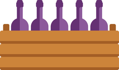 Obraz premium Purple wine bottles storing in an open wooden crate, flat style illustration