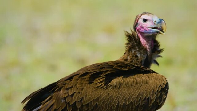 Close up of a lappet-faced vulture or Nubian vulture (Torgos tracheliotos ) in Serengeti national park of tanzania, africa. 