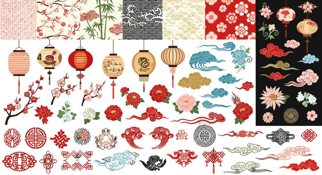 Traditional asian decorative elements lanterns flowers clouds and ornate patterns