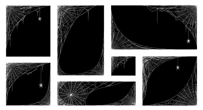 Halloween spooky web frames with tiny spiders for holiday design elements