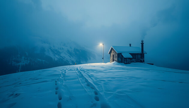 Snow Covered Mountain Military Outpost at Dawn, Atmospheric Realism
