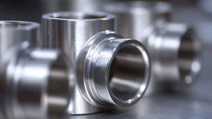 Fototapeta premium Precision engineered industrial metal pipe connectors and fittings, made of shiny stainless steel, with screw threads for secure assembly on a gray surface