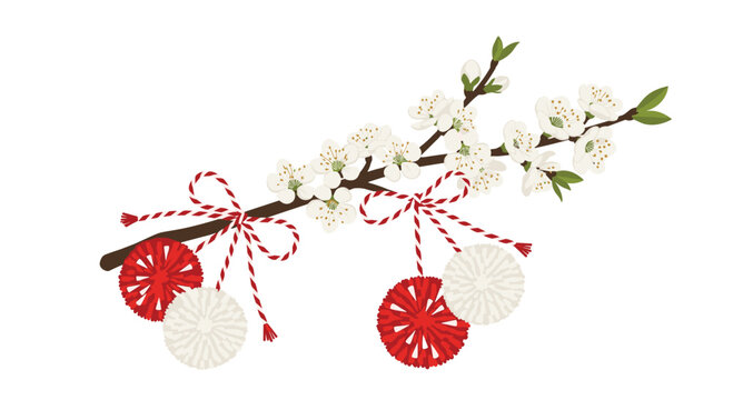 A delicate fruit tree branch with white blossoms and green leaves is adorned with two red and white Martenitsa ornaments.