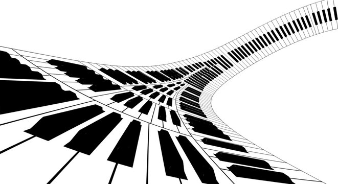 Curved piano keyboard in minimalist black and white style