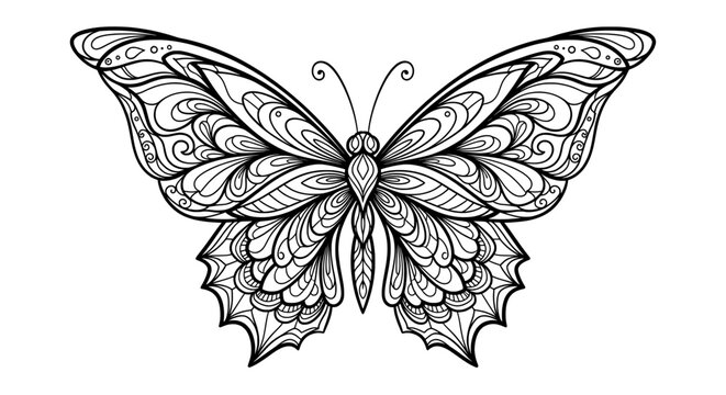 Intricate black and white butterfly with swirling wing patterns