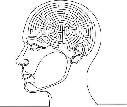 Abstract continuous line art depiction of a human head profile containing a complex circular maze representing complex thought processes and mental challenges.