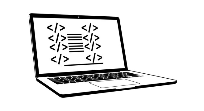 Minimal black and white laptop displaying lines of code