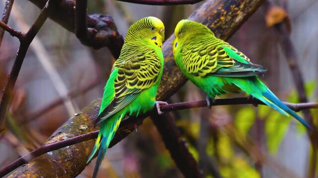 Close up of two green parakeet, budgie birds sitting on a tree branch and interacting on a sunny spring day.