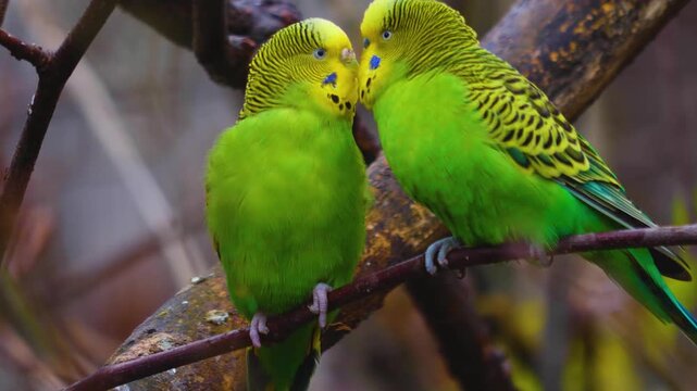 Close up of two green parakeet, budgie birds sitting on a tree branch and interacting on a sunny spring day.