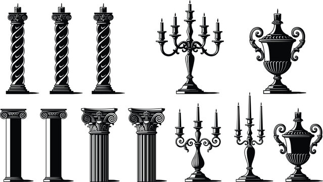 Classical column urn candelabrum silhouette illustration set, ancient Greek Roman decorative architecture artwork, ornamental vector design concept