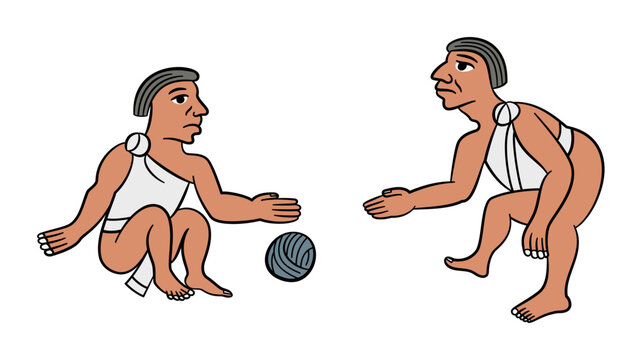 Aztec ball players playing a Mesoamerican ballgame with a rubber ball. Descendant version Ulama is still played in Mexico, regarded as one of the oldest continuously played sports in the world. Vector