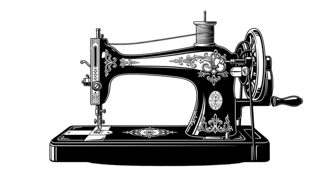 Vintage sewing machine with floral patterns and thread spool