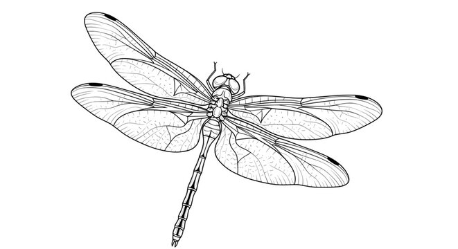 Black and white line drawing of dragonfly with spread wings