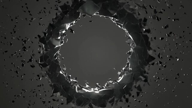 Abstract circular fragment texture with dark background and floating shards  