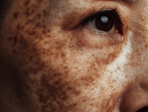 A woman's face with noticeable freckles and dark eyelashes looking directly at the camera.