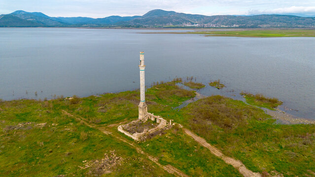 Sunken Minaret of Bulgurca Mosque Emerging from the Receded Waters of Tahtali Dam in Izmir