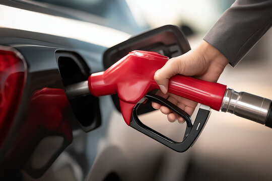Close-up of Hand Refueling Car with Red Fuel Pump Nozzle 
