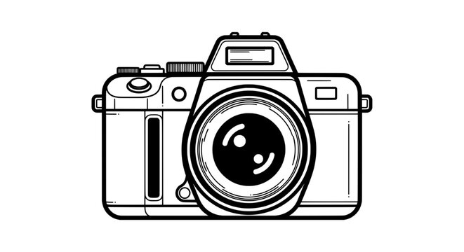 Minimalist black and white line drawing of smiling camera