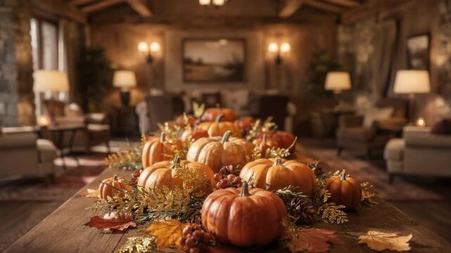 Rustic inn lobby featuring pumpkin centerpieces and golden foliage neatly detailed while background seating areas and decor fade softly.