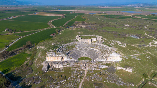 Aerial View of the Grand Theater of Miletus Ancient City with Green Alluvial Plains in Aydin Turkey