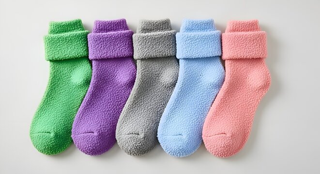 Five fuzzy socks in green purple gray blue pink