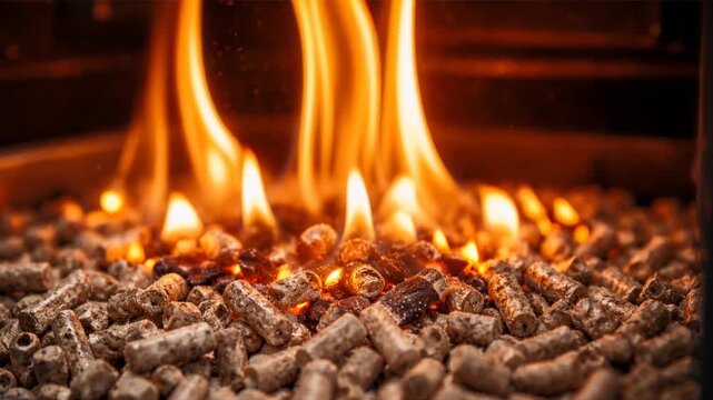Close-up of flames over biomass fuel pellets