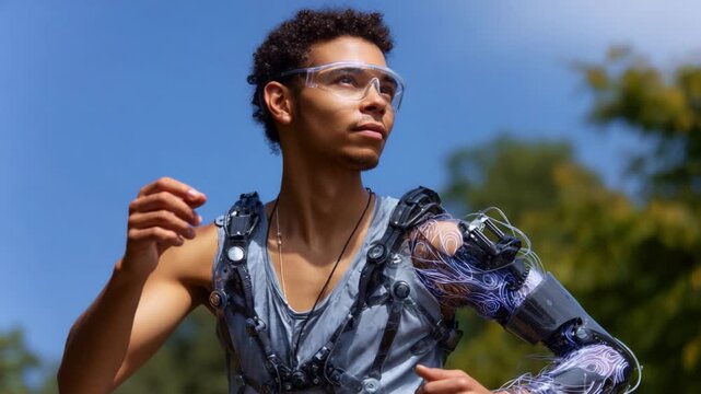 A Technologically Enhanced Runner Showcases Advanced Robotic Arm with Futuristic Design and Dynamic Features, Merging Human Capability with Cutting-Edge Engineering
