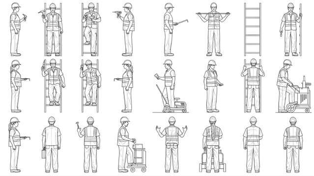 Construction Worker Human Scale Figures &ndash; AutoCAD Architectural CAD Blueprint Line Style Multi-Elevation Technical Drafting Layout
