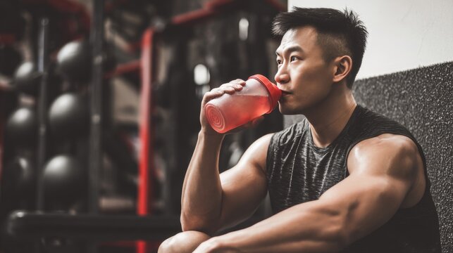 Fit man in gym drinking sports drink, focusing on recovery and rehydration after workout.