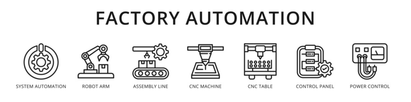 Factory Automation Smart Industrial Workflow from Robot Arm and Assembly Line to CNC Machine and Control Panel
