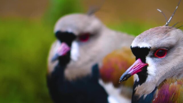 Close up of two Northern lapwing wading bird heads standing beside each other and looking around with rack focus
